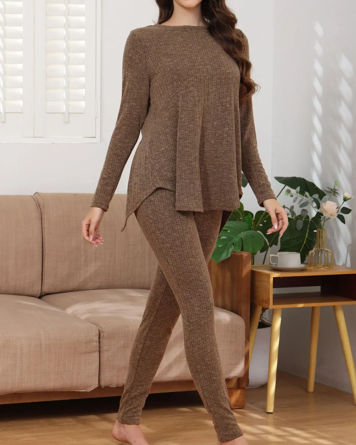 Womens Ribbed Knit Lounge Set Long Sleeve Crew Neck Top and Long Pants 2 Piece Soft Sleepwear