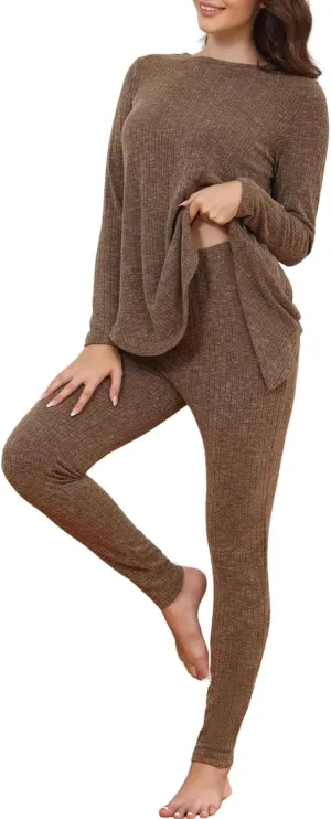 Womens Ribbed Knit Lounge Set Long Sleeve Crew Neck Top and Long Pants 2 Piece Soft Sleepwear
