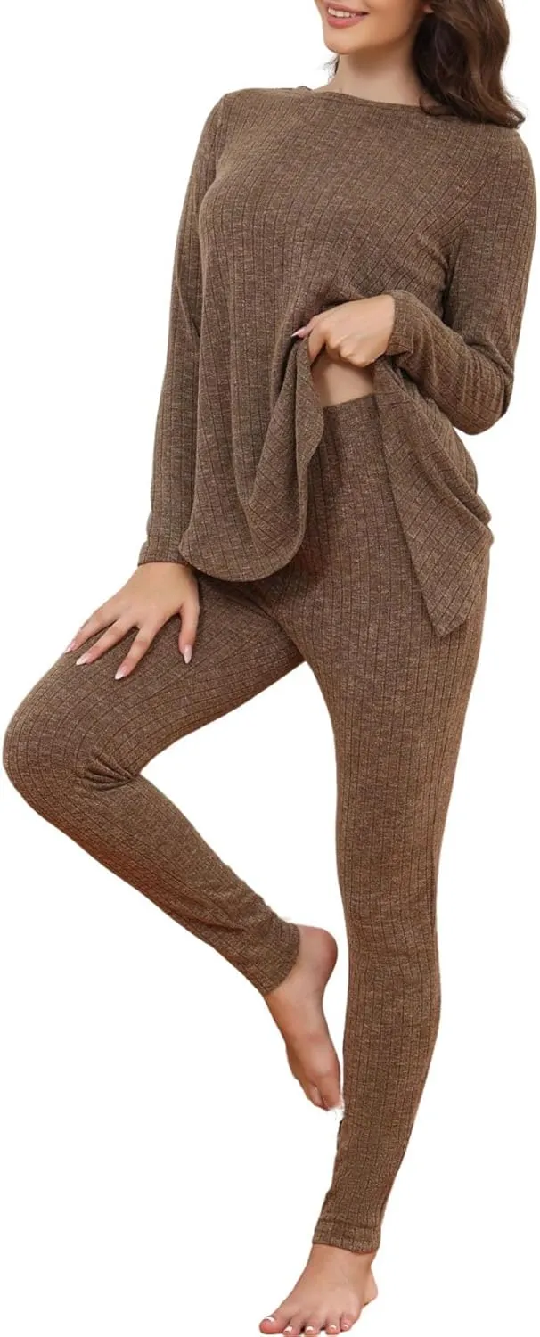 Womens Ribbed Knit Lounge Set Long Sleeve Crew Neck Top and Long Pants 2 Piece Soft Sleepwear