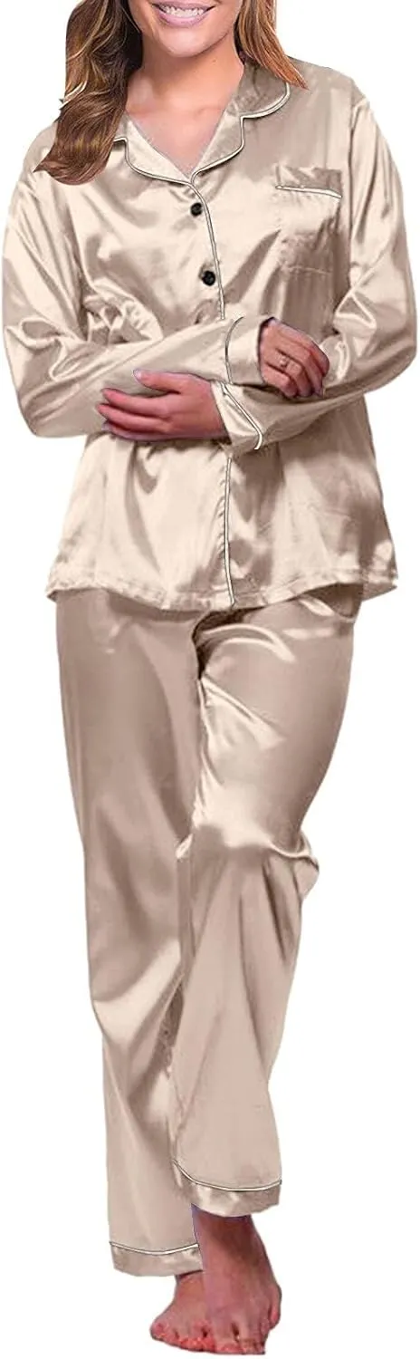 Womens Satin Pajamas Set Long Sleeve Sleepwear Button Down Nightwear Soft Silk Sexy Cute Pj Lounge Sets with Pockets