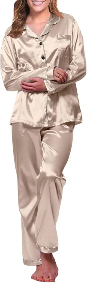 Womens Satin Pajamas Set Long Sleeve Sleepwear Button Down Nightwear Soft Silk Sexy Cute Pj Lounge Sets with Pockets