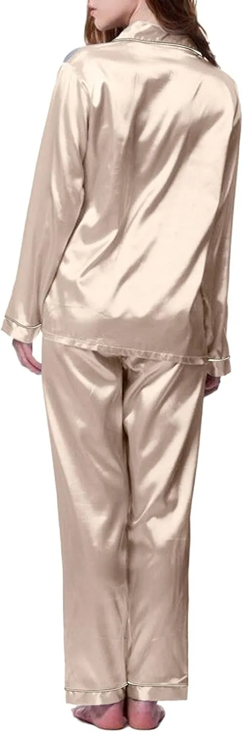 Womens Satin Pajamas Set Long Sleeve Sleepwear Button Down Nightwear Soft Silk Sexy Cute Pj Lounge Sets with Pockets