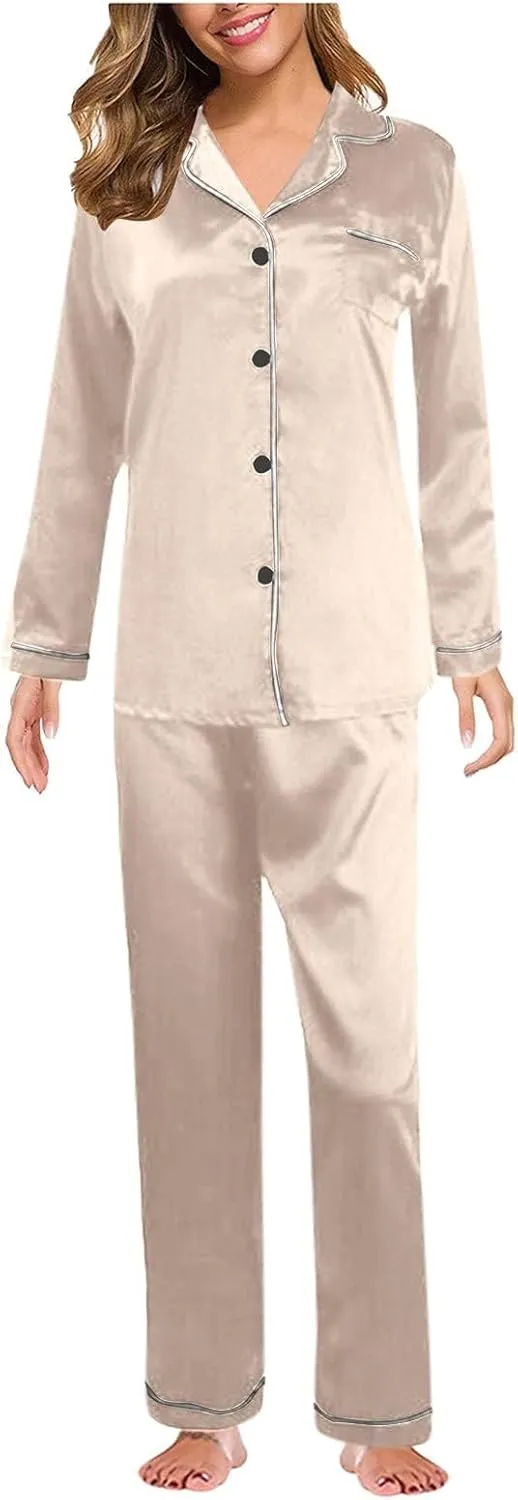 Womens Satin Pajamas Set Long Sleeve Sleepwear Button Down Nightwear Soft Silk Sexy Cute Pj Lounge Sets with Pockets