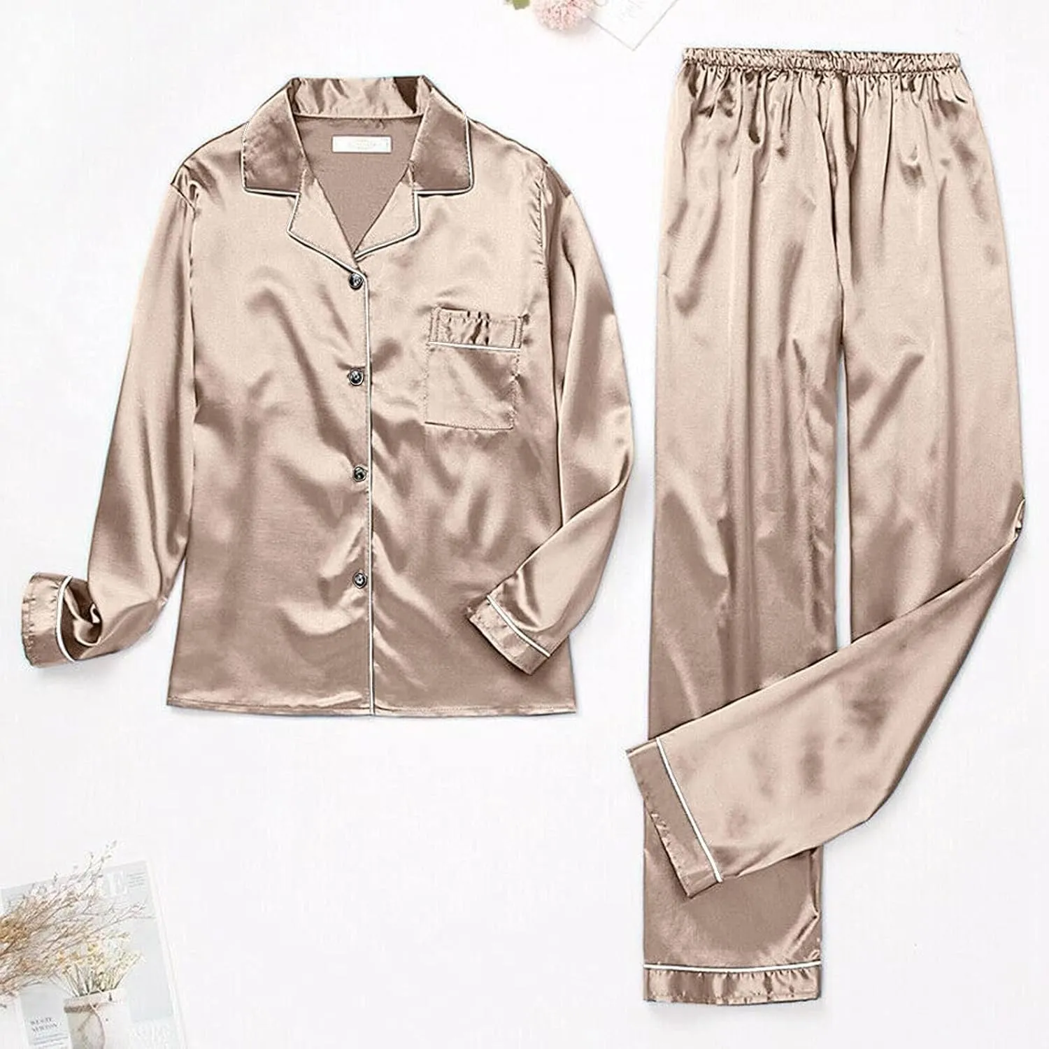 Womens Satin Pajamas Set Long Sleeve Sleepwear Button Down Nightwear Soft Silk Sexy Cute Pj Lounge Sets with Pockets
