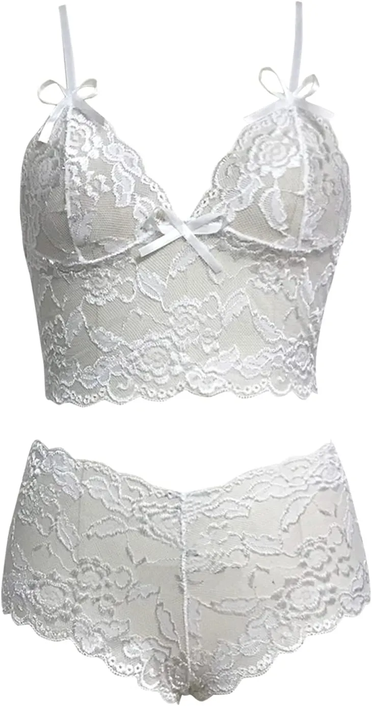 Women's Sexy Soft Lace Lingerie Set See Through Underwear Floral Lace Chain Babydoll Bra and Panty Sets 2 Piece