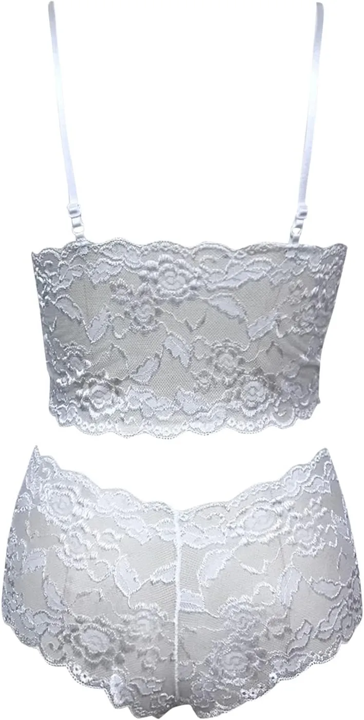 Women's Sexy Soft Lace Lingerie Set See Through Underwear Floral Lace Chain Babydoll Bra and Panty Sets 2 Piece