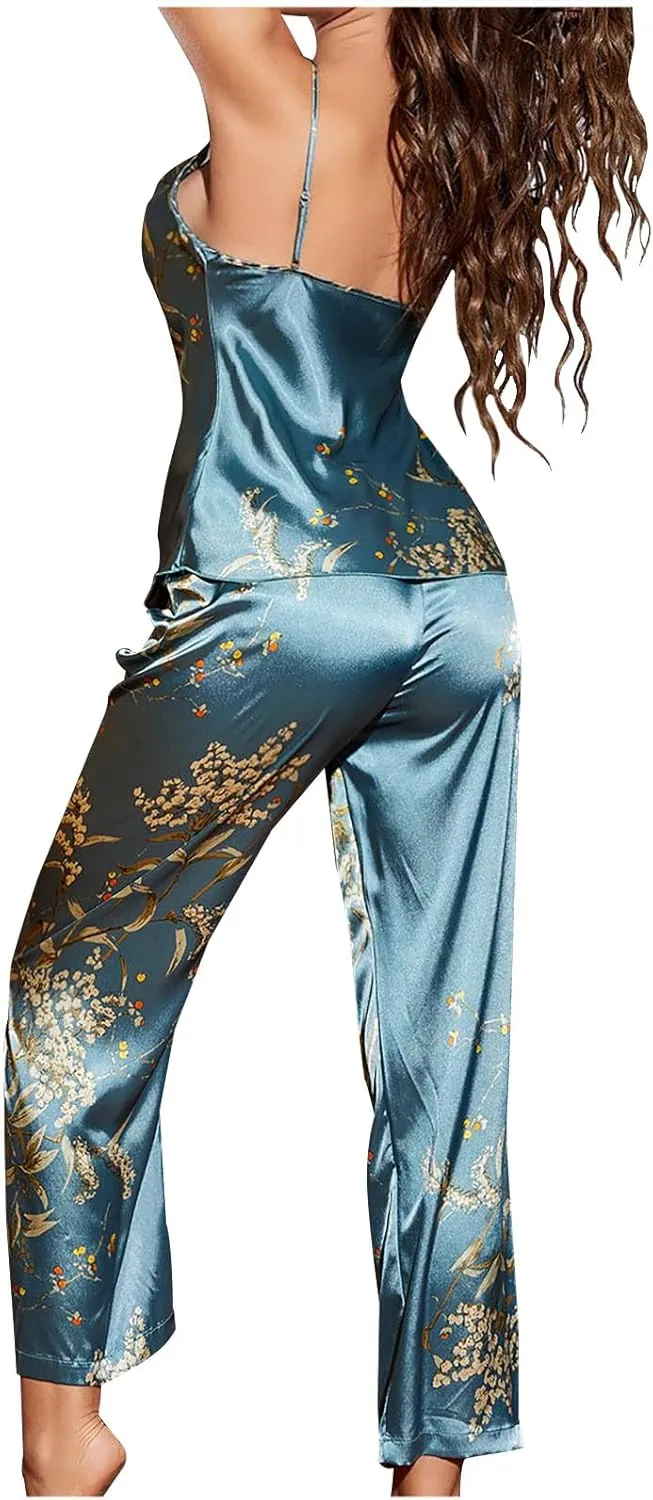 Womens Silk Satin Pajamas Set Flower Slip Lingerie 2 Piece Pjs Camisole Tops & Pants Sleepwear Set Comfy Lounge Set