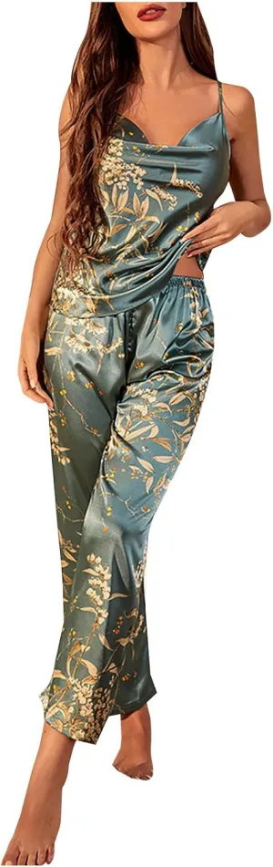 Womens Silk Satin Pajamas Set Flower Slip Lingerie 2 Piece Pjs Camisole Tops & Pants Sleepwear Set Comfy Lounge Set