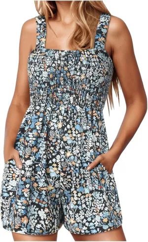 Women's Summer Casual Smocked Rompers Square Neck Sleeveless Loose Short Jumpsuit Flowy Beach Outfits with Pockets