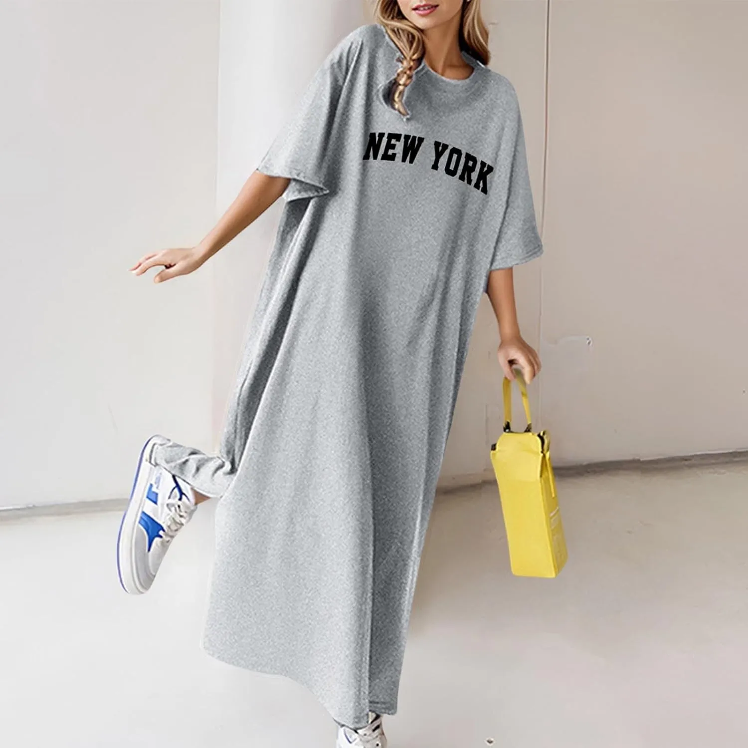 Women's Summer Loose Casual Flower Print Short Sleeve T Shirt Long Dress Loose Mini Dresses for Women Party