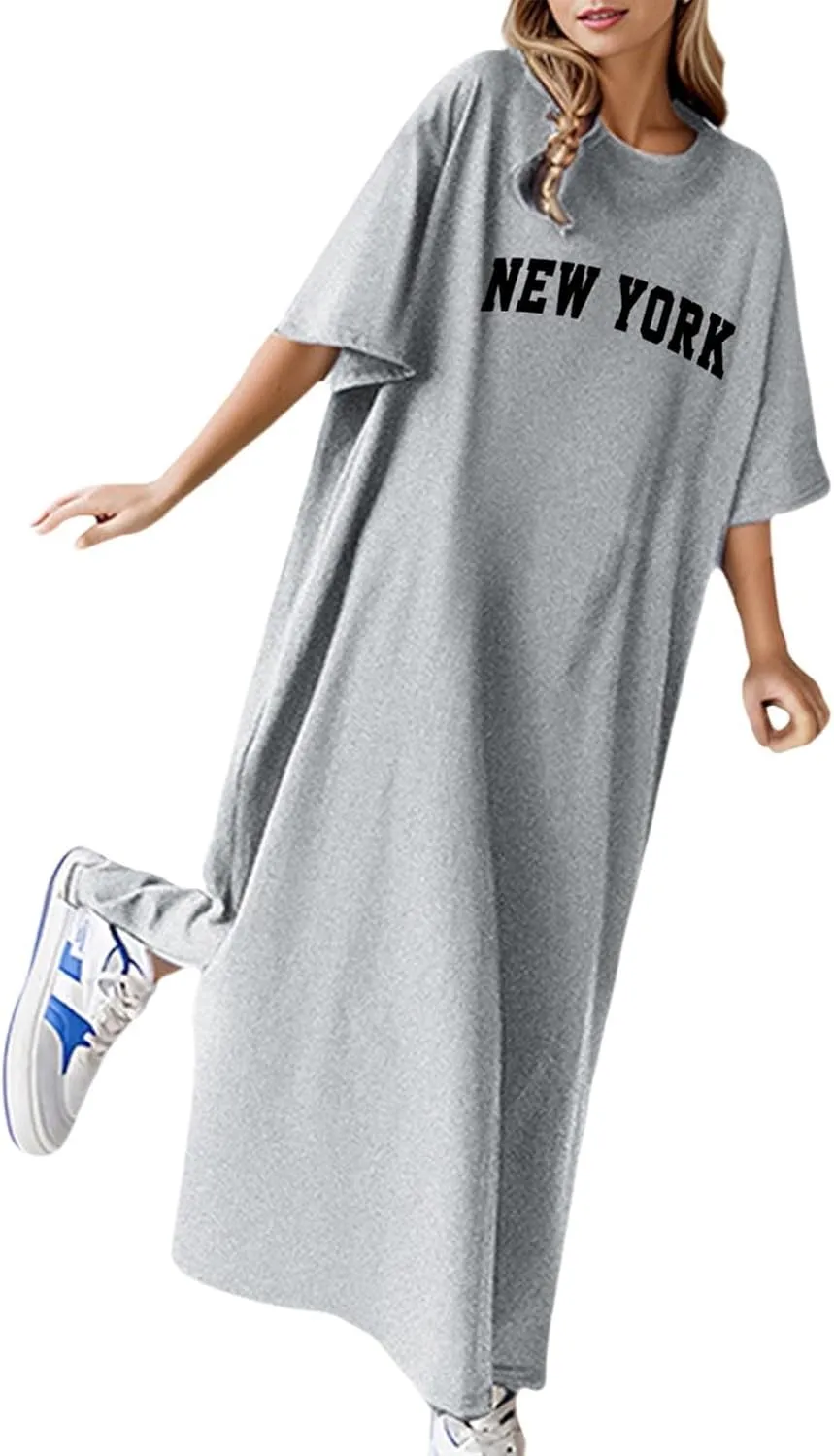 Women's Summer Loose Casual Flower Print Short Sleeve T Shirt Long Dress Loose Mini Dresses for Women Party