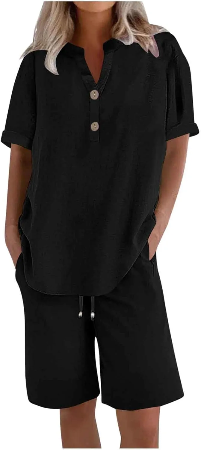 Womens Summer Outfits Cotton Linen Short Sleeve Button Down Shirt with Bermuda Shorts 2 Piece Lounge Set with Pockets