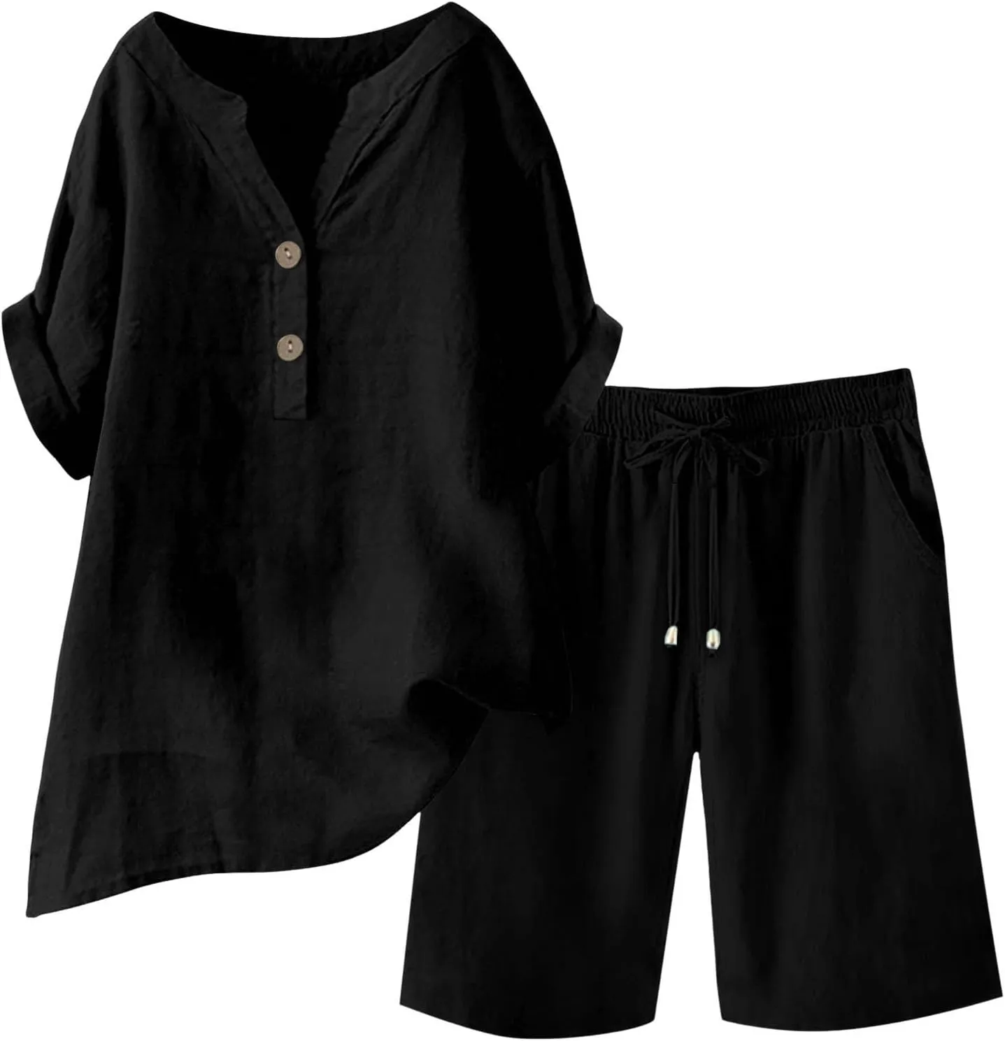 Womens Summer Outfits Cotton Linen Short Sleeve Button Down Shirt with Bermuda Shorts 2 Piece Lounge Set with Pockets