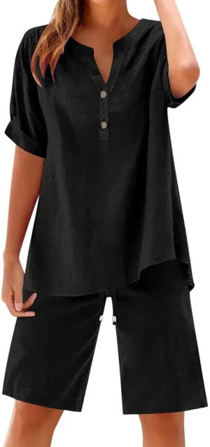Womens Summer Outfits Cotton Linen Short Sleeve Button Down Shirt with Bermuda Shorts 2 Piece Lounge Set with Pockets