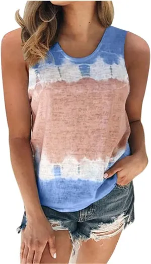 Womens Tank Tops Casual Flowy Printed Sleeveless Shirts Loose Summe Basic Tees Shirt Tie Dye Trendy Top for Leggings