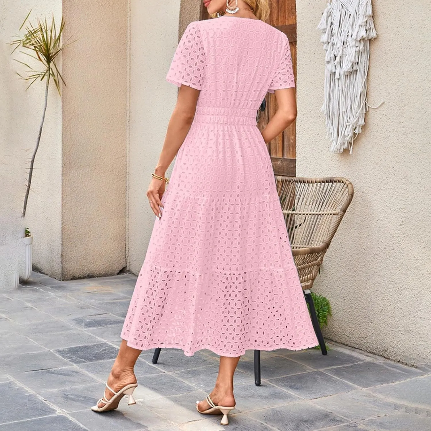 Women's Vintage Hollow Out Dress Elegant Slimming Waist Dresses V Neck Flowy Hem Short Sleeve Maxi Skirt Daily Working