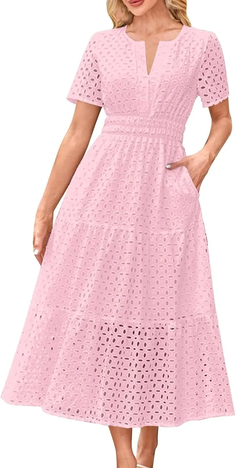 Women's Vintage Hollow Out Dress Elegant Slimming Waist Dresses V Neck Flowy Hem Short Sleeve Maxi Skirt Daily Working