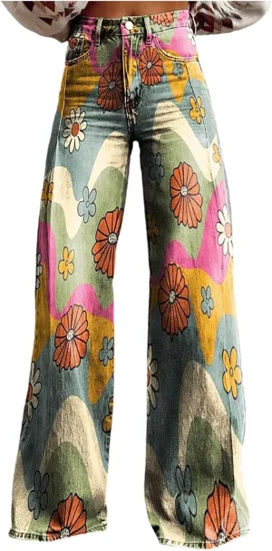 Womens Vintage Wide Leg Fashion High Waisted Casual Denim Pants 90s Floral Printed Pull On Baggy Trousers 3