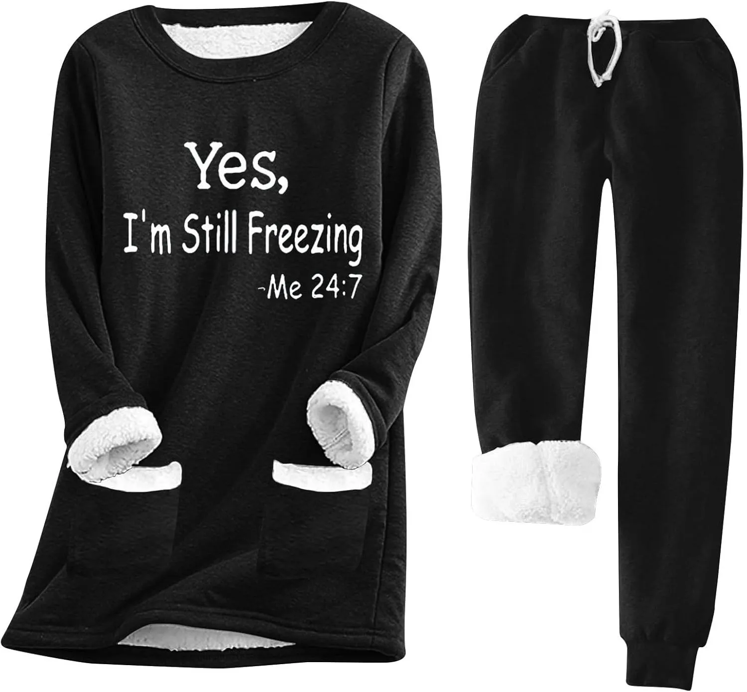 Women's Winter Warm Lounge Set 2 Piece Outfits Soft Fleece Lined Long Sleeve Tops and Pants Pajamas with Pocket