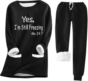 Women's Winter Warm Lounge Set 2 Piece Outfits Soft Fleece Lined Long Sleeve Tops and Pants Pajamas with Pocket