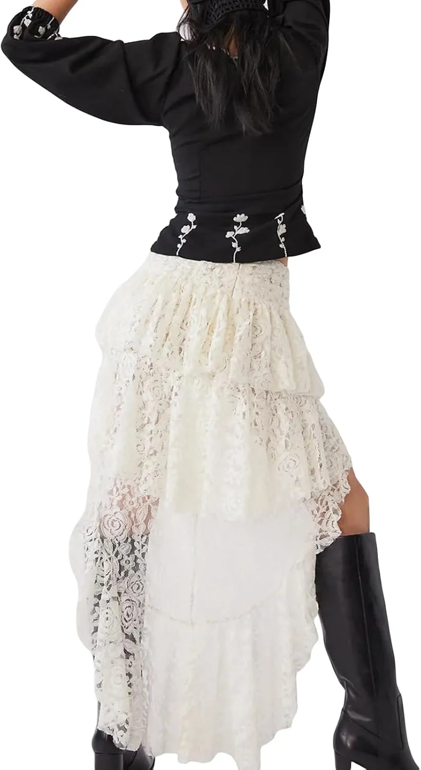 Womens Y2k Lace Ruffled Mini Skirt Sexy Flowy Frilly Short Fairy Skirts Low Rise Layered Pleated Micro Mini Skirts
