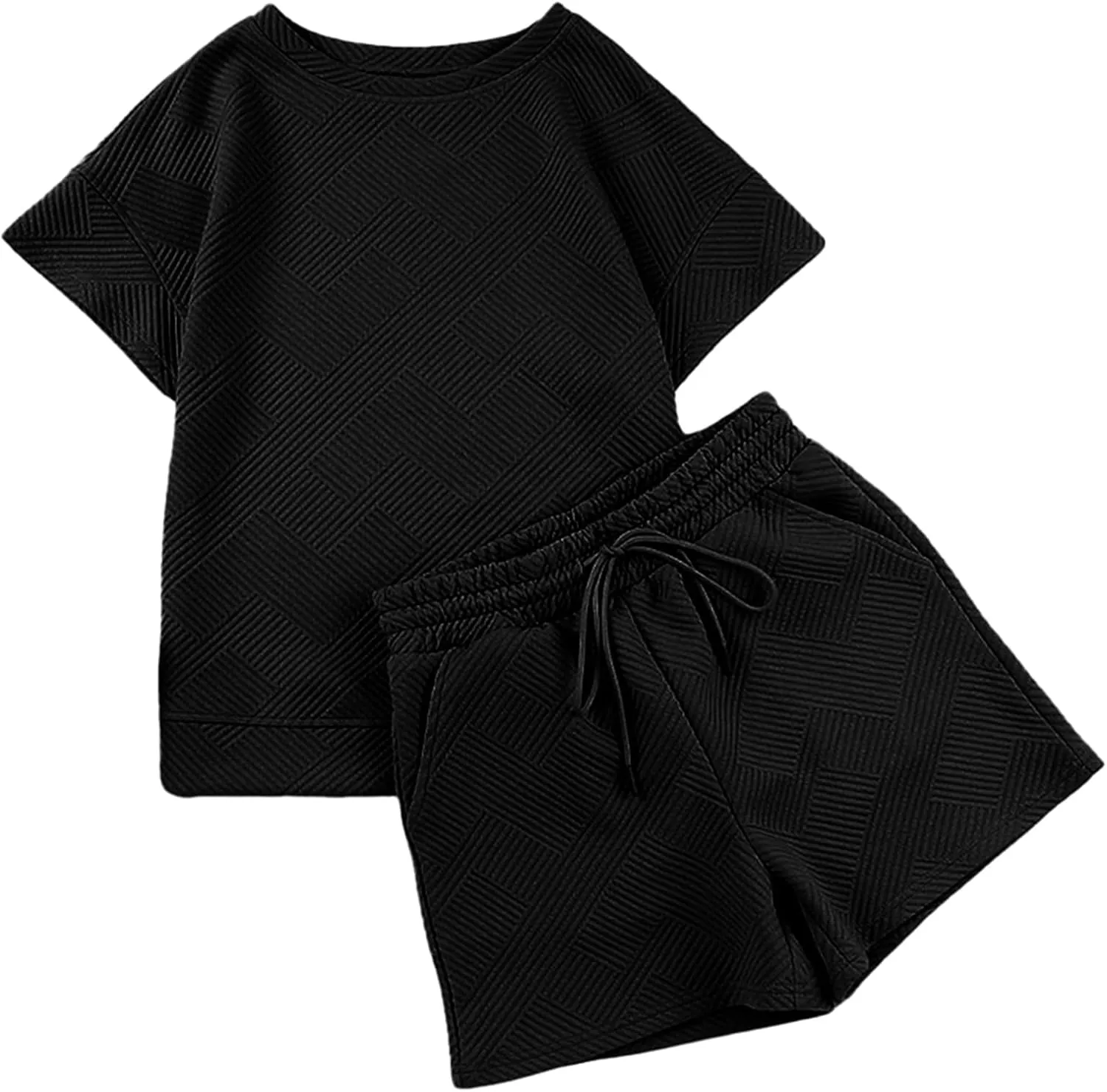 Wyeysyt Women's Loungewear Set 2 Piece Outfits Matching Lounge Short Sleeve Tops and Shorts Casual Pajamas Set with Pockets