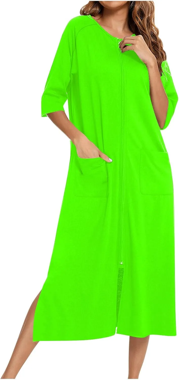 Xiaojmake Women's Zip Up Housecoat Zipper Front Robes Lightweight Short Sleeve Round Neck Loungewear Nightgowns with Pockets