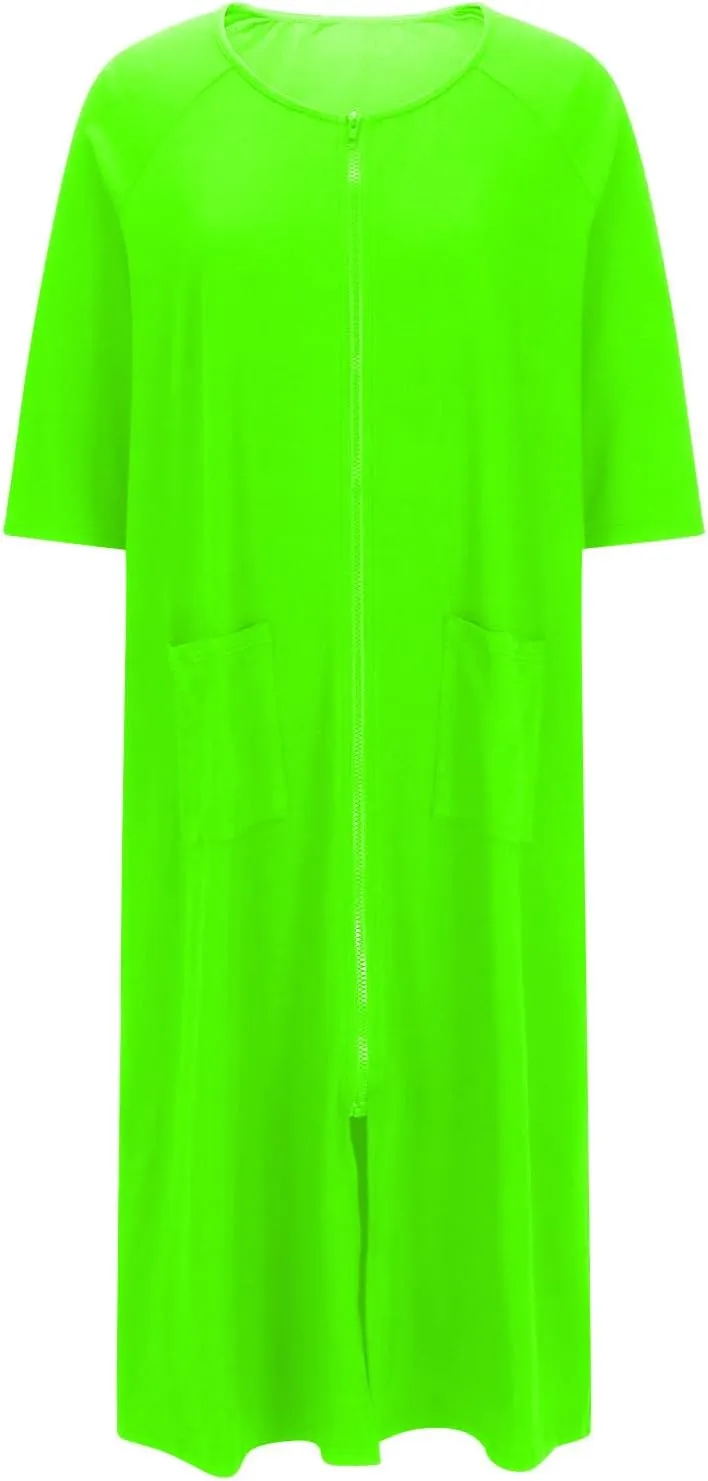 Xiaojmake Women's Zip Up Housecoat Zipper Front Robes Lightweight Short Sleeve Round Neck Loungewear Nightgowns with Pockets