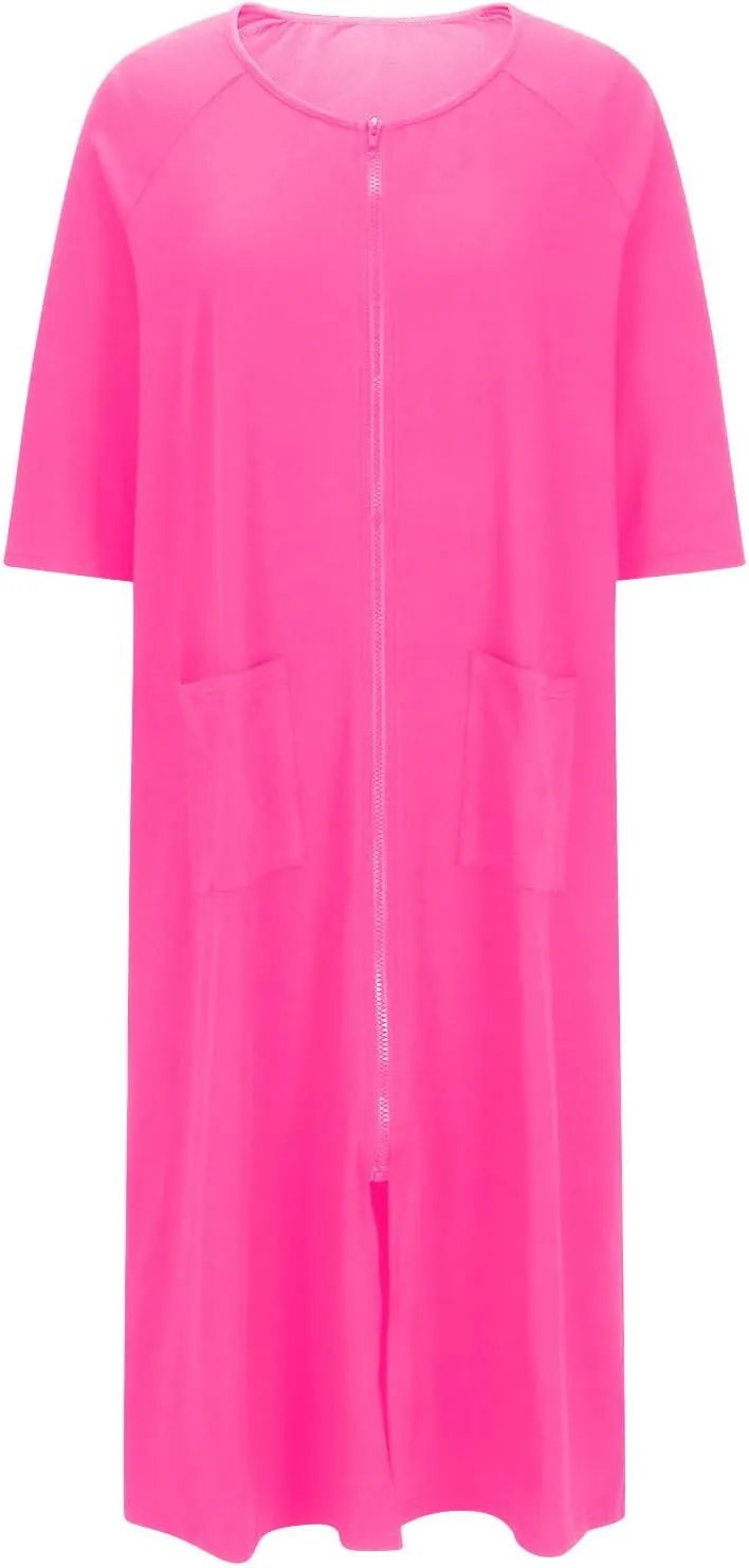 Xiaojmake Women's Zip Up Housecoat Zipper Front Robes Lightweight Short Sleeve Round Neck Loungewear Nightgowns with Pockets