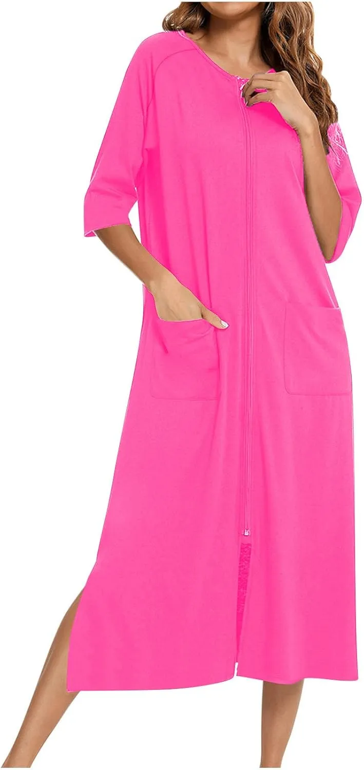 Xiaojmake Women's Zip Up Housecoat Zipper Front Robes Lightweight Short Sleeve Round Neck Loungewear Nightgowns with Pockets