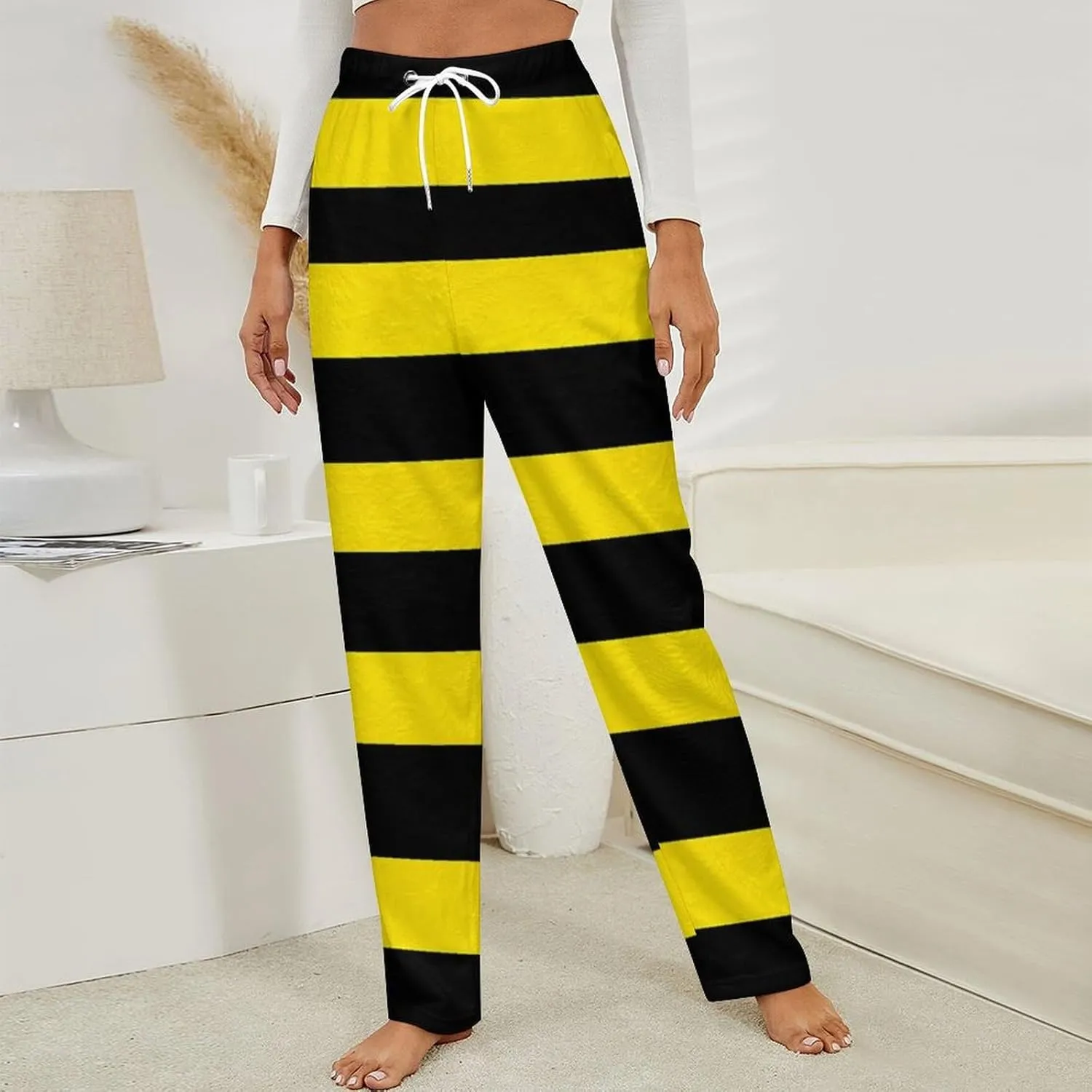 Yellow Black Striped Women's Pajama Pants Fleece Warm Pj Bottoms Sleepwear Lounge Pants Loungewear