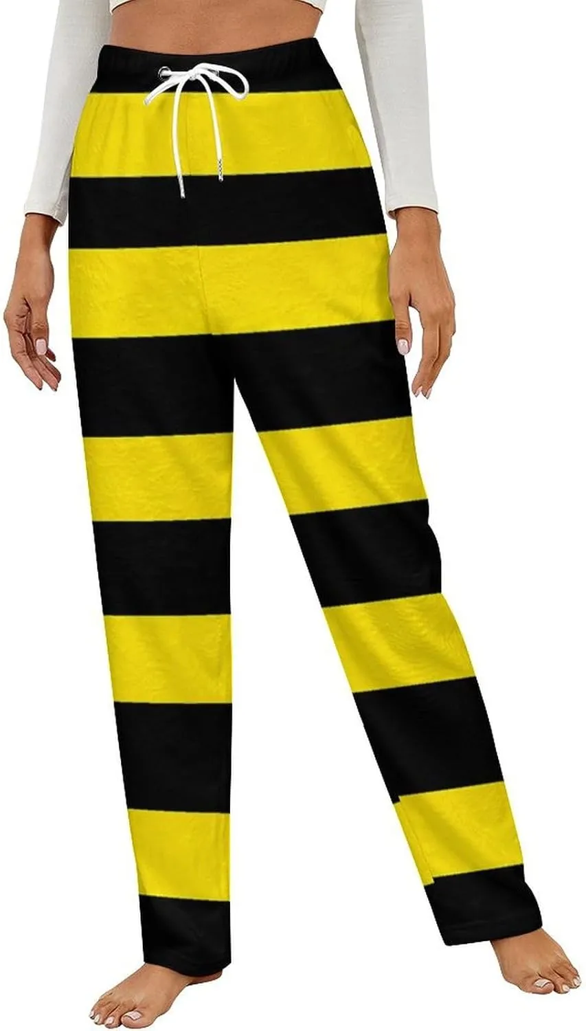 Yellow Black Striped Women's Pajama Pants Fleece Warm Pj Bottoms Sleepwear Lounge Pants Loungewear