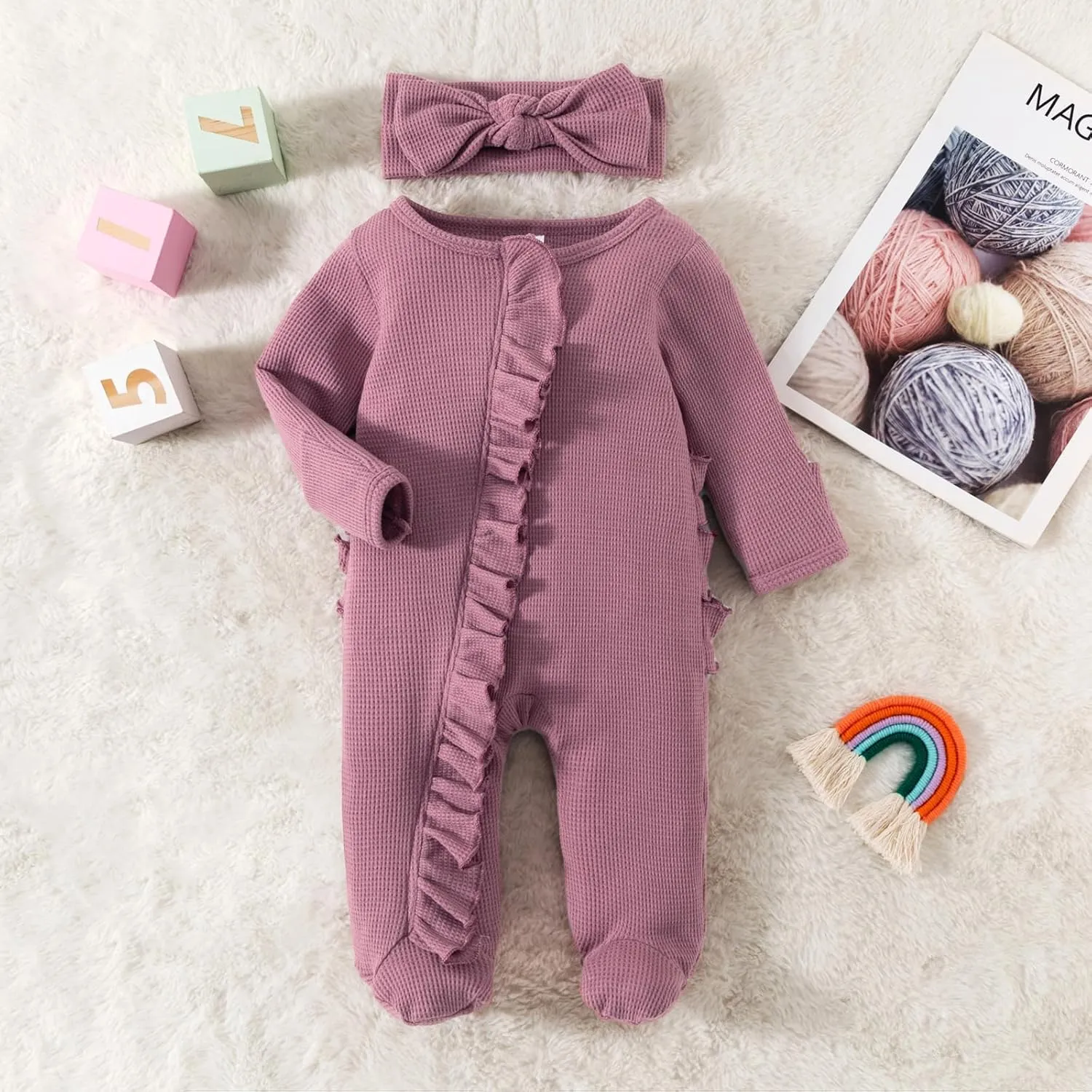 YINGISFITM Baby 3 6 Months Girl Clothes Newborn Onesie Ruffle Long Sleeve Ribbed Romper Jumpsuit One Piece Hospital Outfit