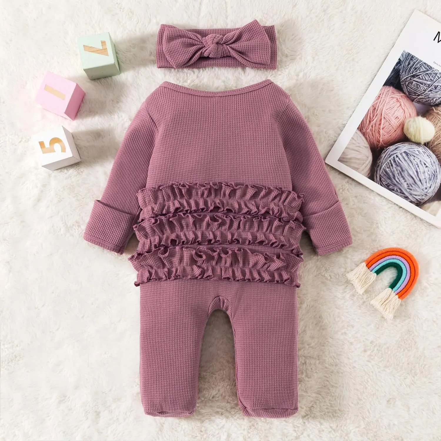 YINGISFITM Baby 3 6 Months Girl Clothes Newborn Onesie Ruffle Long Sleeve Ribbed Romper Jumpsuit One Piece Hospital Outfit