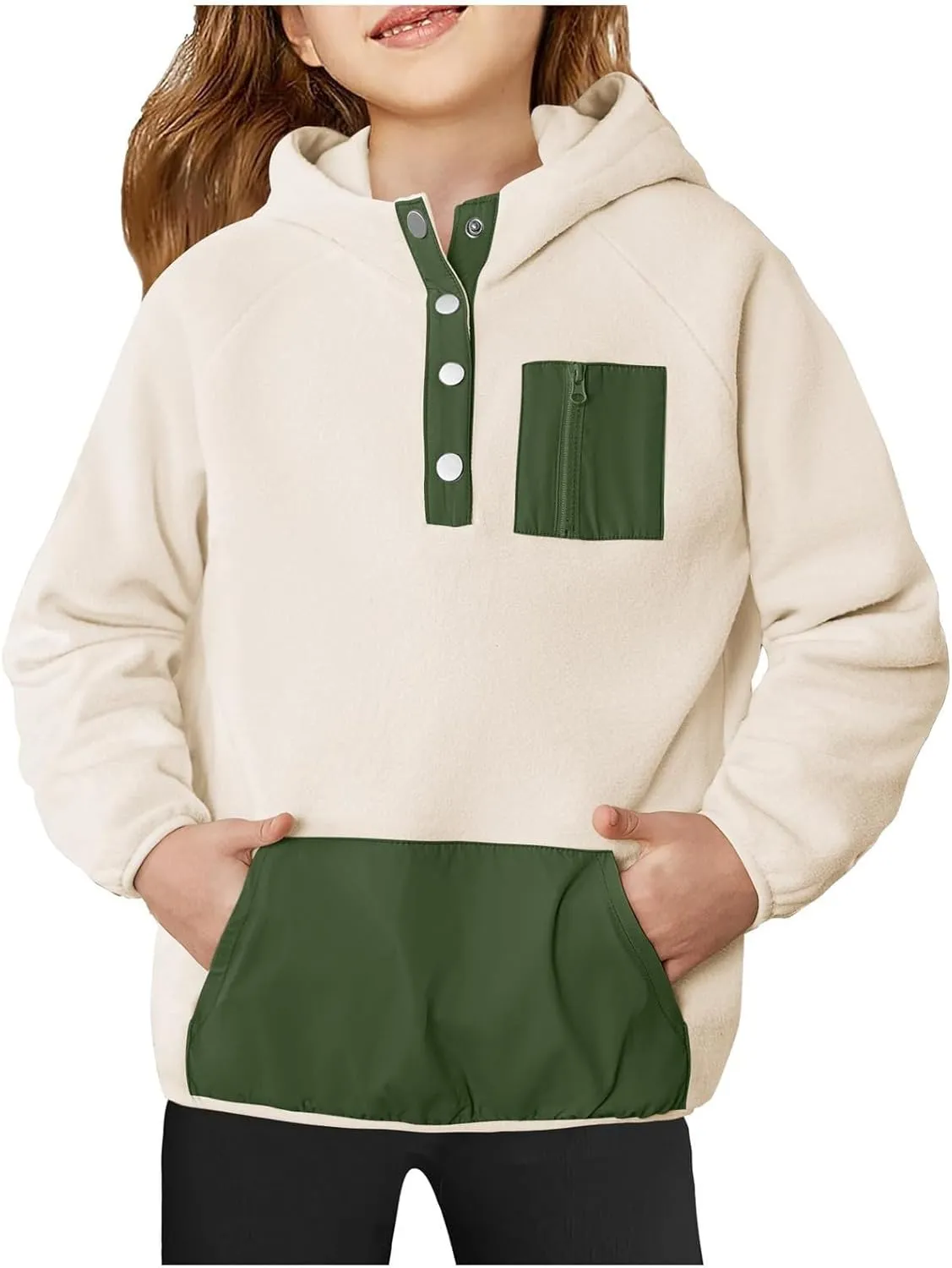 Youth Girls Color Block Hoodie Pullover Sweatshirt Top Button Brushed Fleece Hoodie Kids Hooded Sweatshirt with Pocket