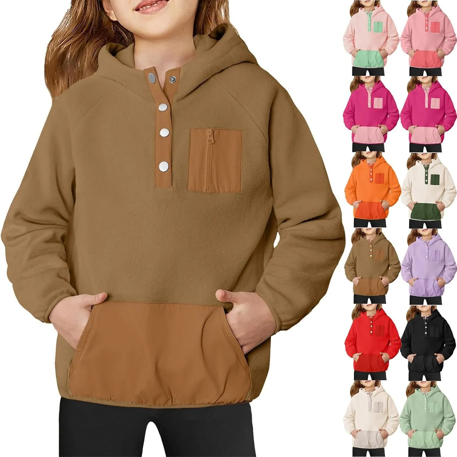 Youth Girls Color Block Hoodie Pullover Sweatshirt Top Button Brushed Fleece Hoodie Kids Hooded Sweatshirt with Pocket