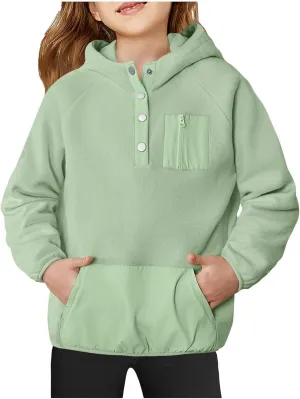 Youth Girls Color Block Hoodie Pullover Sweatshirt Top Button Brushed Fleece Hoodie Kids Hooded Sweatshirt with Pocket