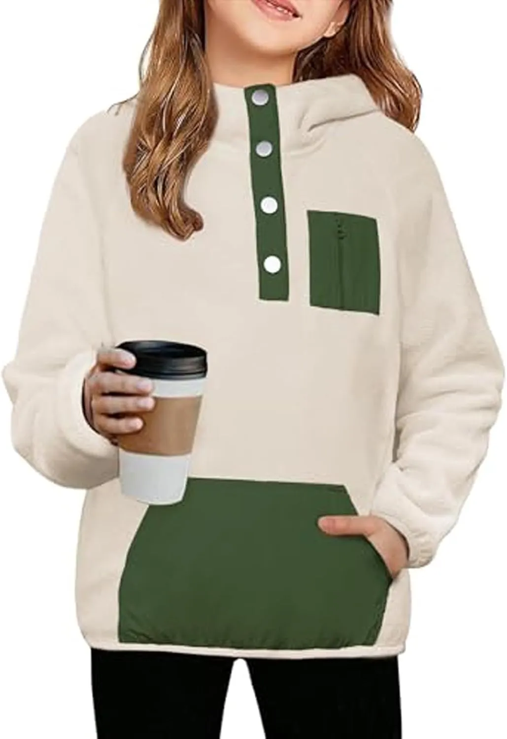 Youth Girls Color Block Hoodie Pullover Sweatshirt Top Button Brushed Fleece Hoodie Kids Hooded Sweatshirt with Pocket