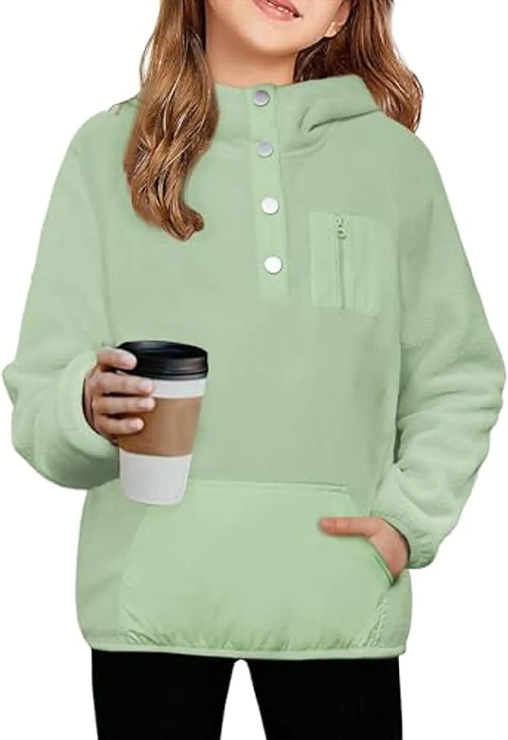 Youth Girls Color Block Hoodie Pullover Sweatshirt Top Button Brushed Fleece Hoodie Kids Hooded Sweatshirt with Pocket