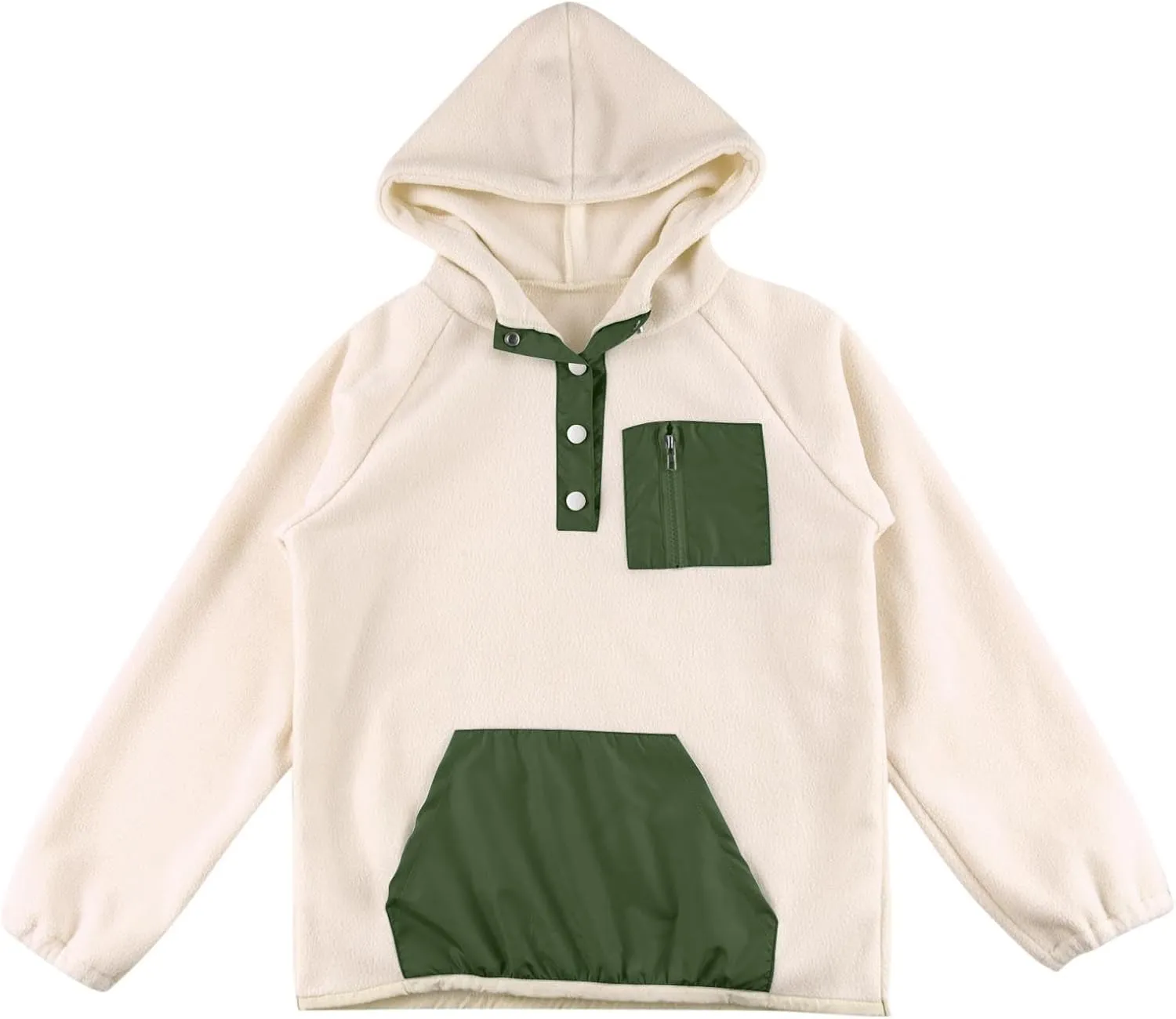 Youth Girls Color Block Hoodie Pullover Sweatshirt Top Button Brushed Fleece Hoodie Kids Hooded Sweatshirt with Pocket
