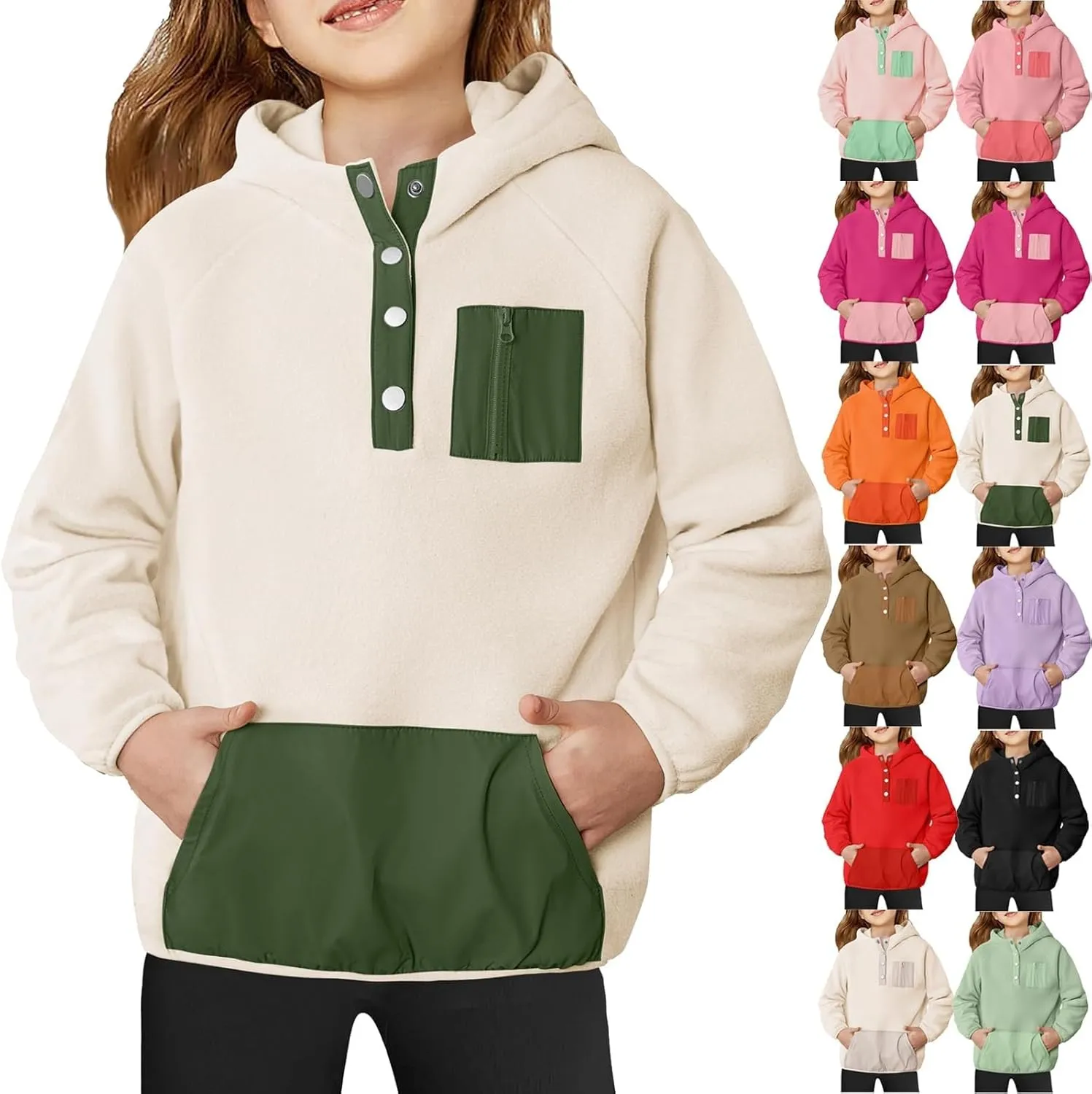 Youth Girls Color Block Hoodie Pullover Sweatshirt Top Button Brushed Fleece Hoodie Kids Hooded Sweatshirt with Pocket
