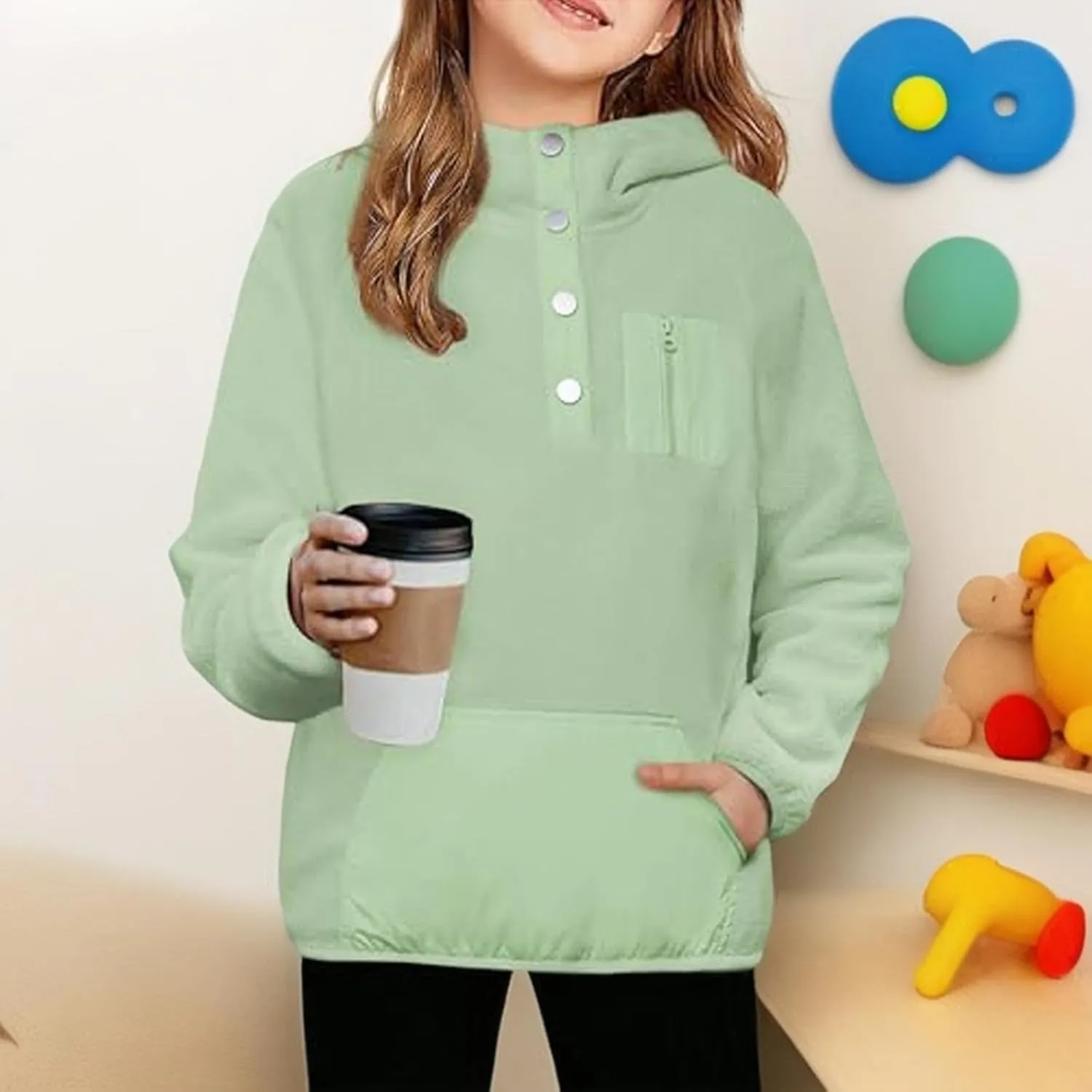 Youth Girls Color Block Hoodie Pullover Sweatshirt Top Button Brushed Fleece Hoodie Kids Hooded Sweatshirt with Pocket
