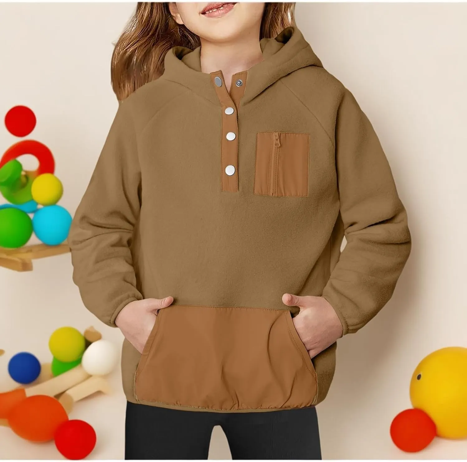 Youth Girls Color Block Hoodie Pullover Sweatshirt Top Button Brushed Fleece Hoodie Kids Hooded Sweatshirt with Pocket