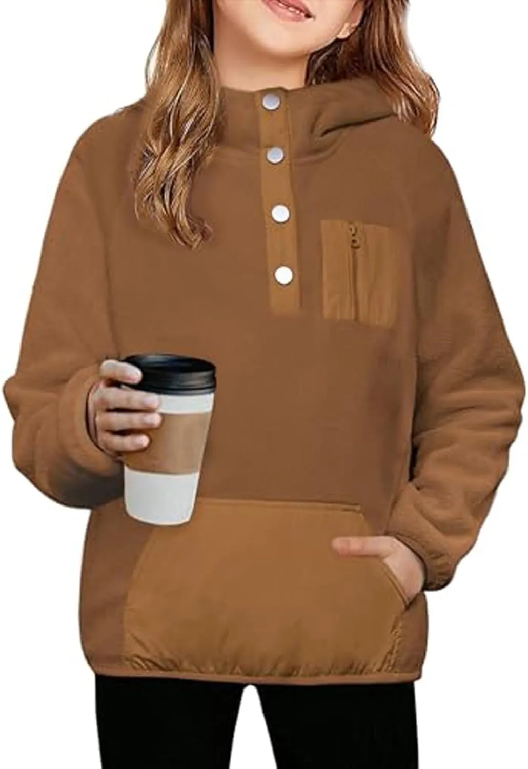 Youth Girls Color Block Hoodie Pullover Sweatshirt Top Button Brushed Fleece Hoodie Kids Hooded Sweatshirt with Pocket