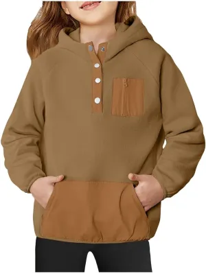 Youth Girls Color Block Hoodie Pullover Sweatshirt Top Button Brushed Fleece Hoodie Kids Hooded Sweatshirt with Pocket