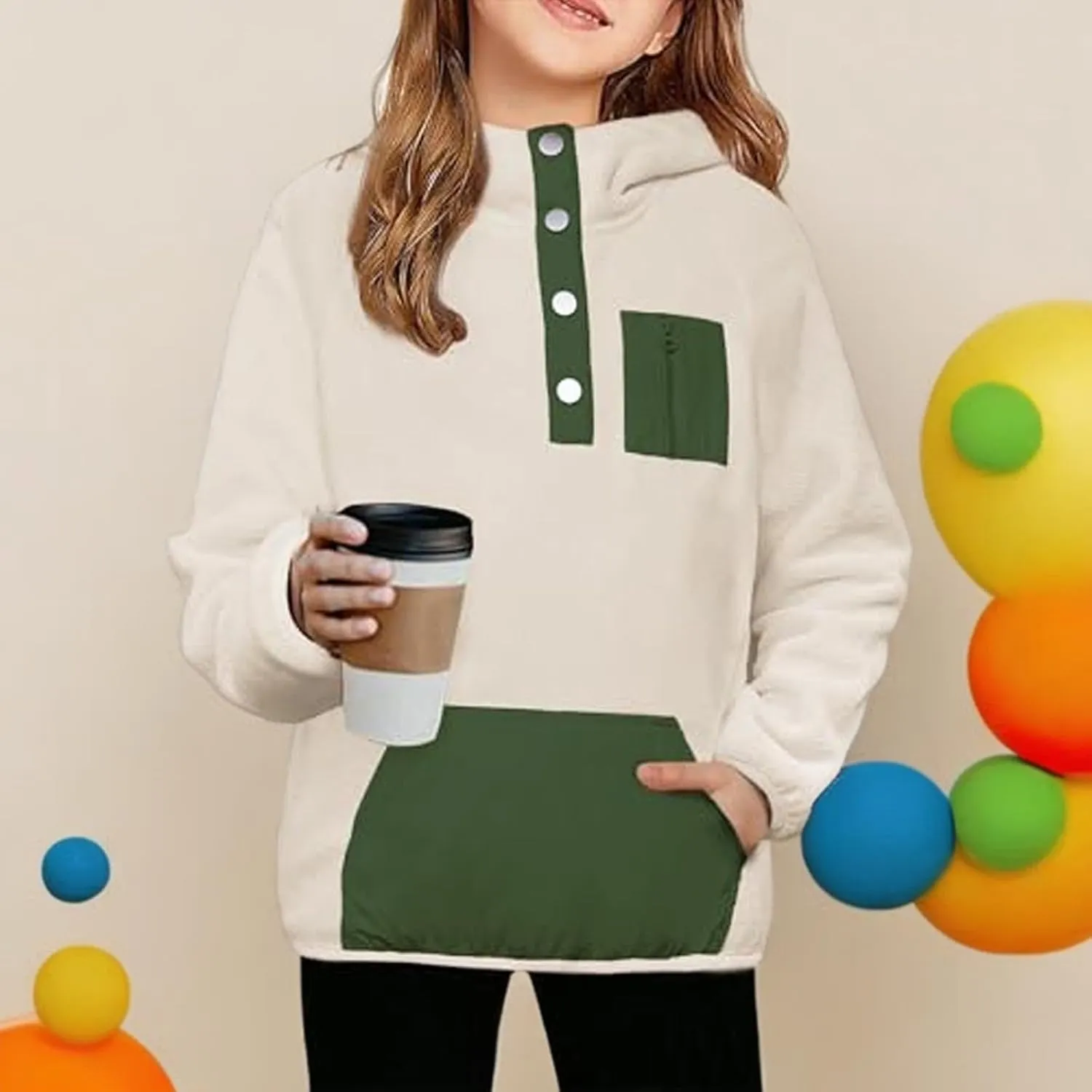 Youth Girls Color Block Hoodie Pullover Sweatshirt Top Button Brushed Fleece Hoodie Kids Hooded Sweatshirt with Pocket