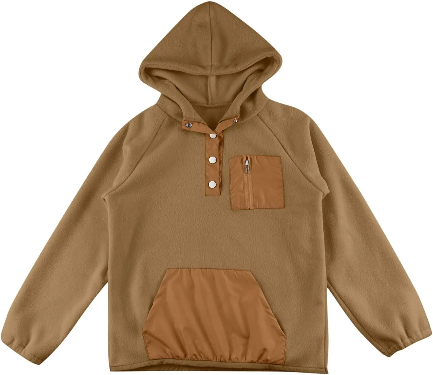 Youth Girls Color Block Hoodie Pullover Sweatshirt Top Button Brushed Fleece Hoodie Kids Hooded Sweatshirt with Pocket