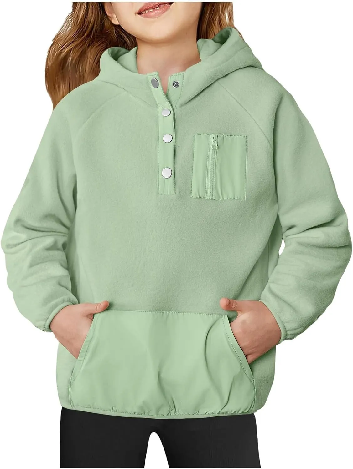 Youth Girls Color Block Hoodie Pullover Sweatshirt Top Button Brushed Fleece Hoodie Kids Hooded Sweatshirt with Pocket