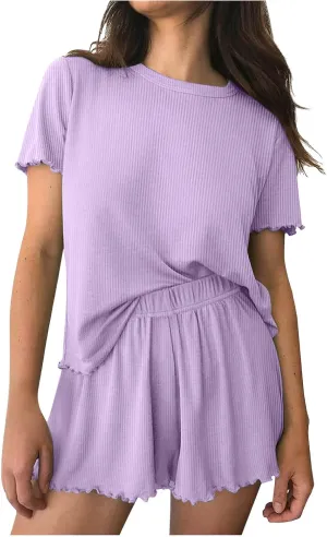 YRAETENM Pajamas for Women Set Summer Short Sleeve Top and Shorts Pajama Sets Soft Ribbed Knit Sleepwear 2 Piece Lounge Sets