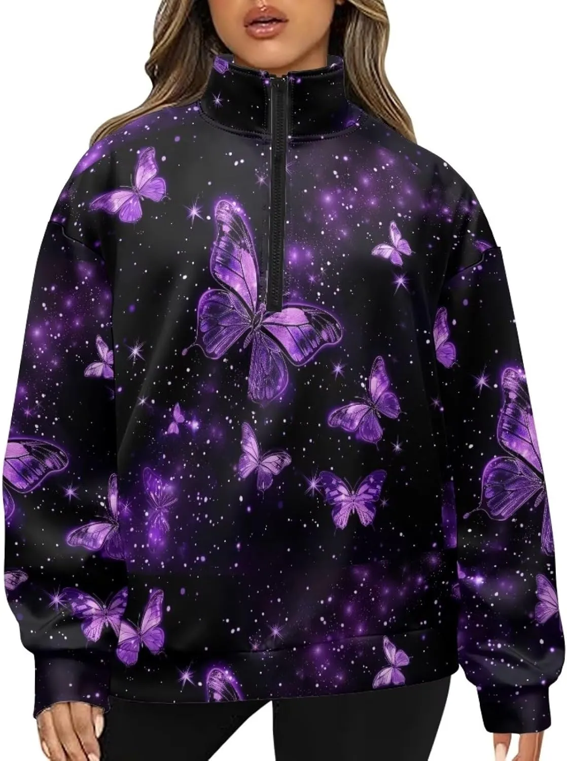 Ystardream Oversized Quarter Zip Sweatshirt Women Half Zip Hoodies Loose Fit